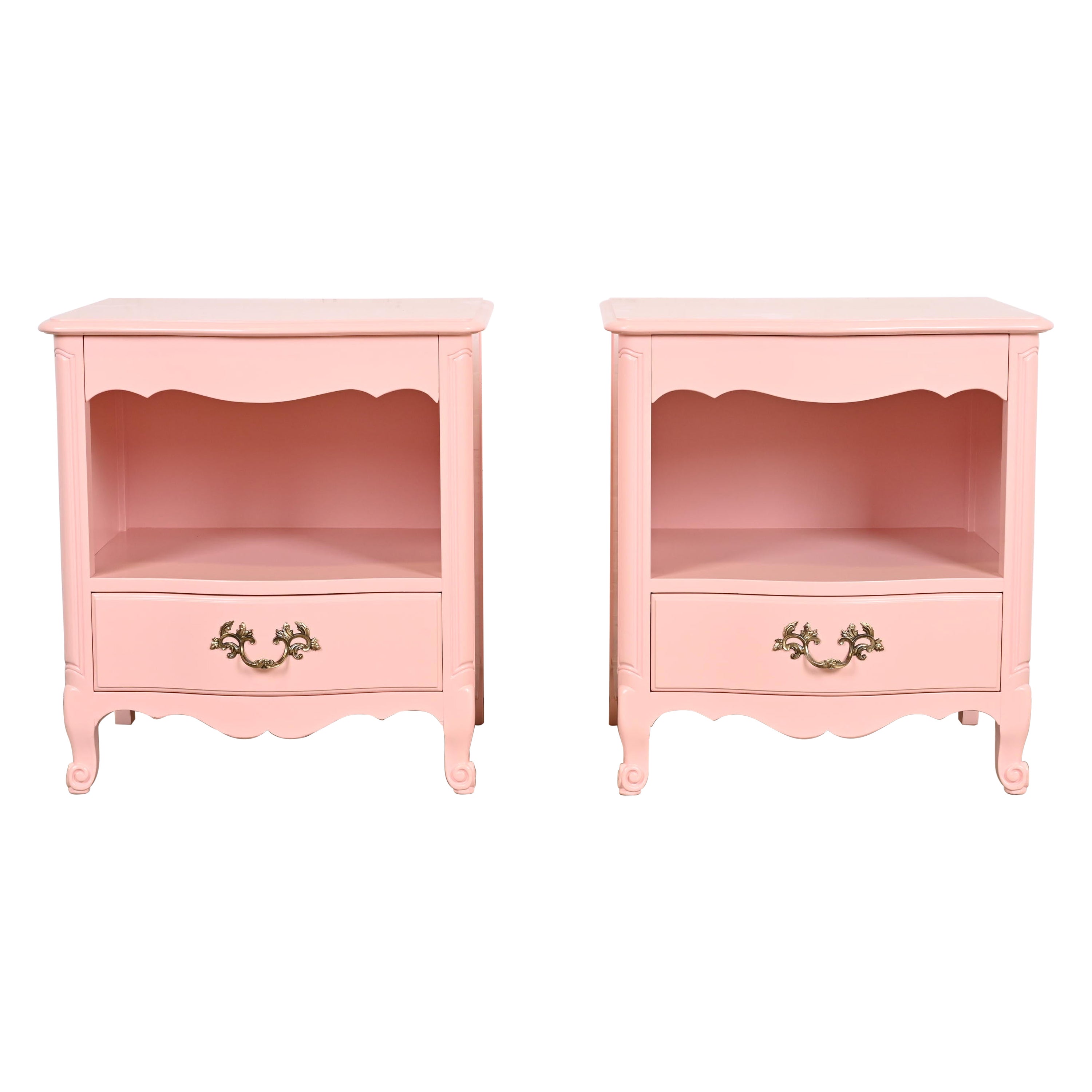 Kindel Furniture French Provincial Louis XV Pink Lacquered Nightstands, Pair