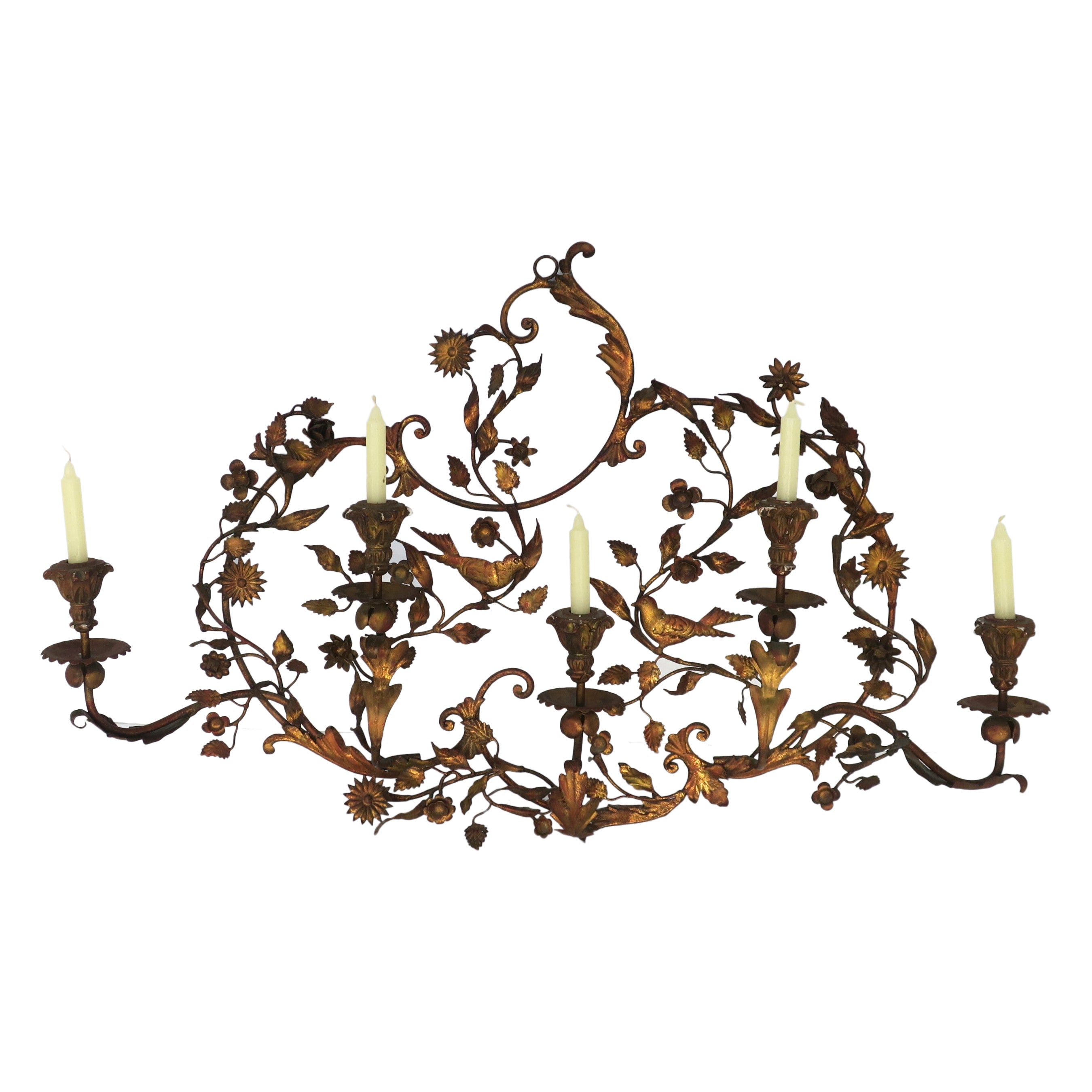 Italian Gold Gilt Tole Wall Sconce Candelabra with Birds and Leaves Rococo Style For Sale