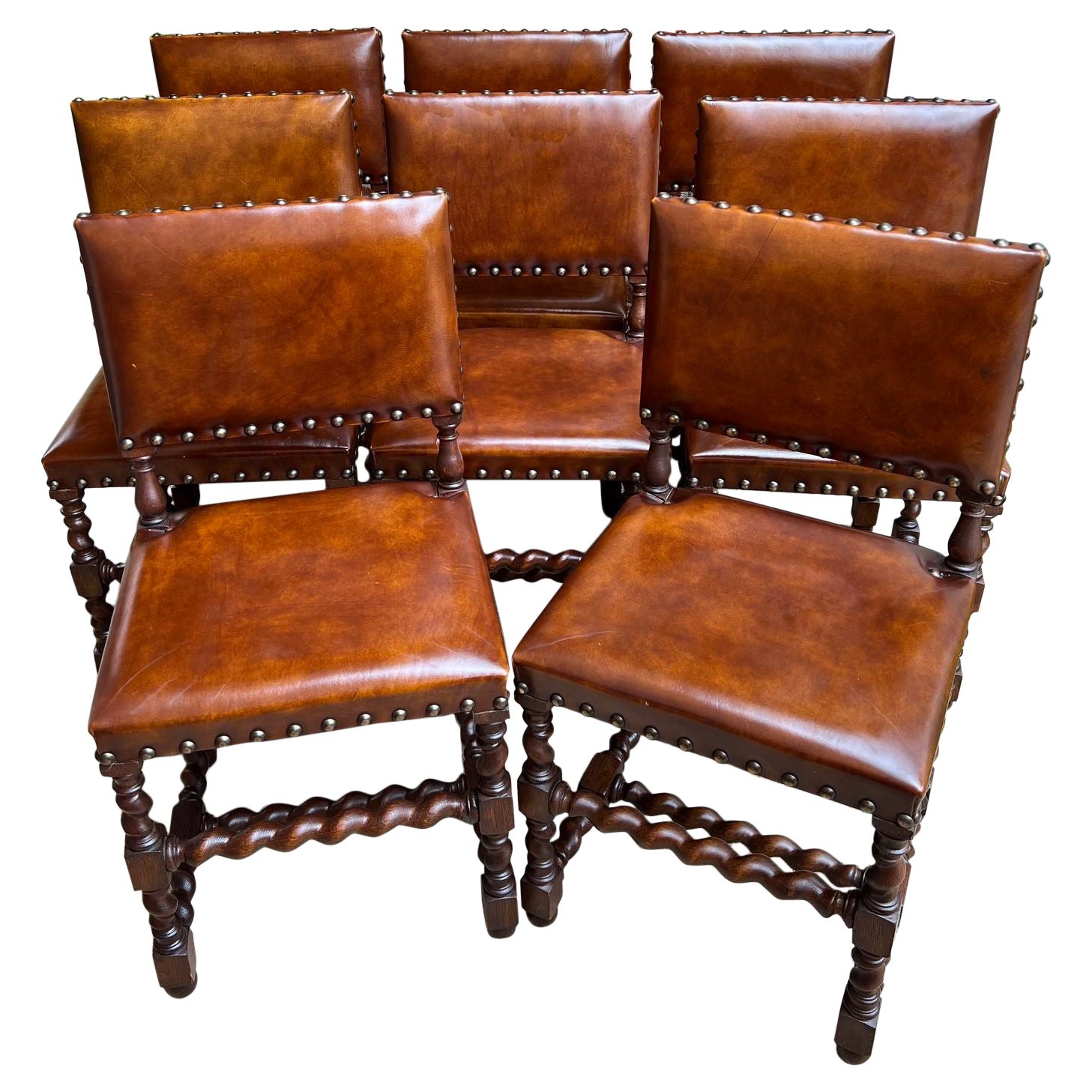 Set 8 Antique English Barley Twist Dining Chairs Oak Brass Brown Leather
