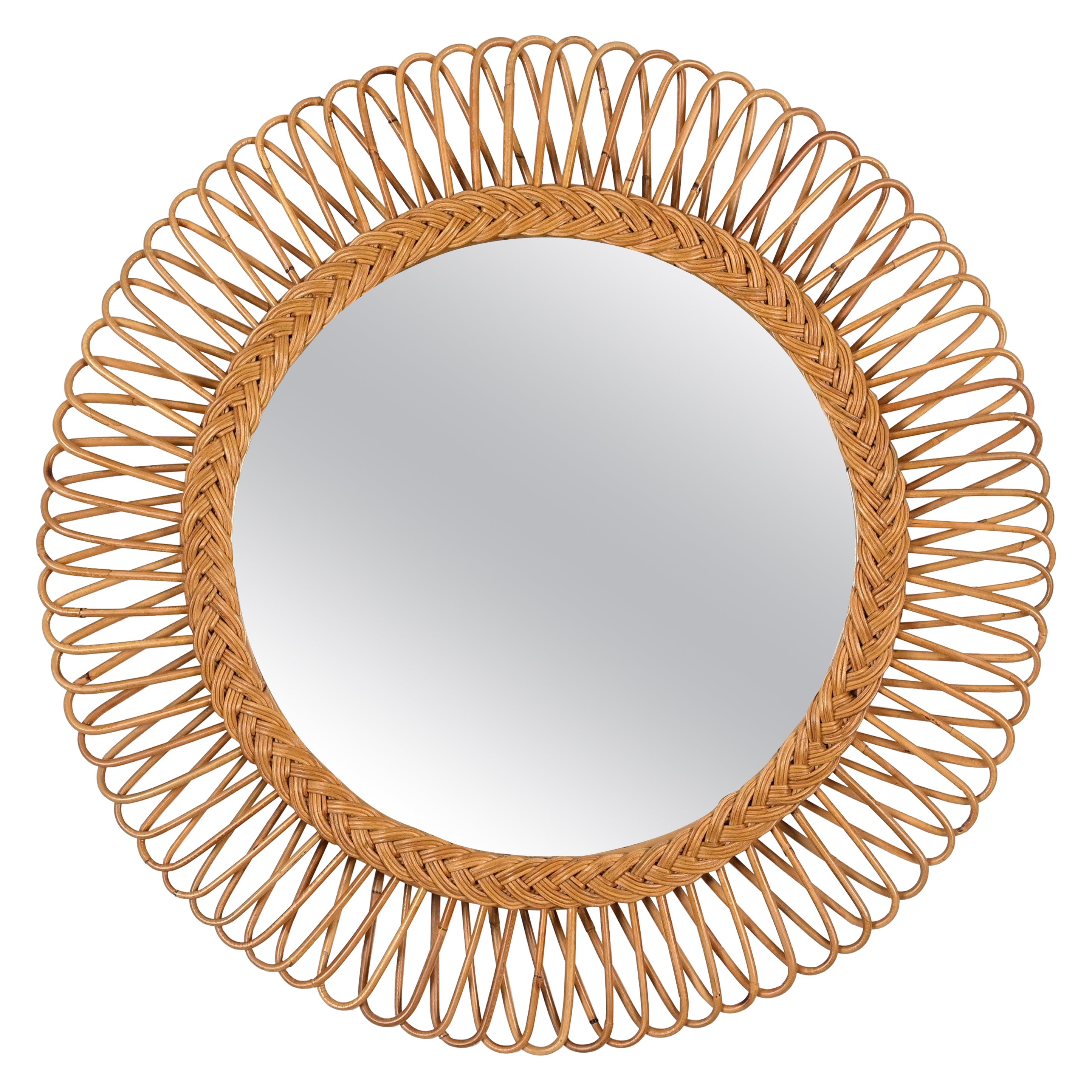 Mid-Century Rattan, Bamboo and Wicker Italian Round Mirror, Franco Albini 1970s For Sale