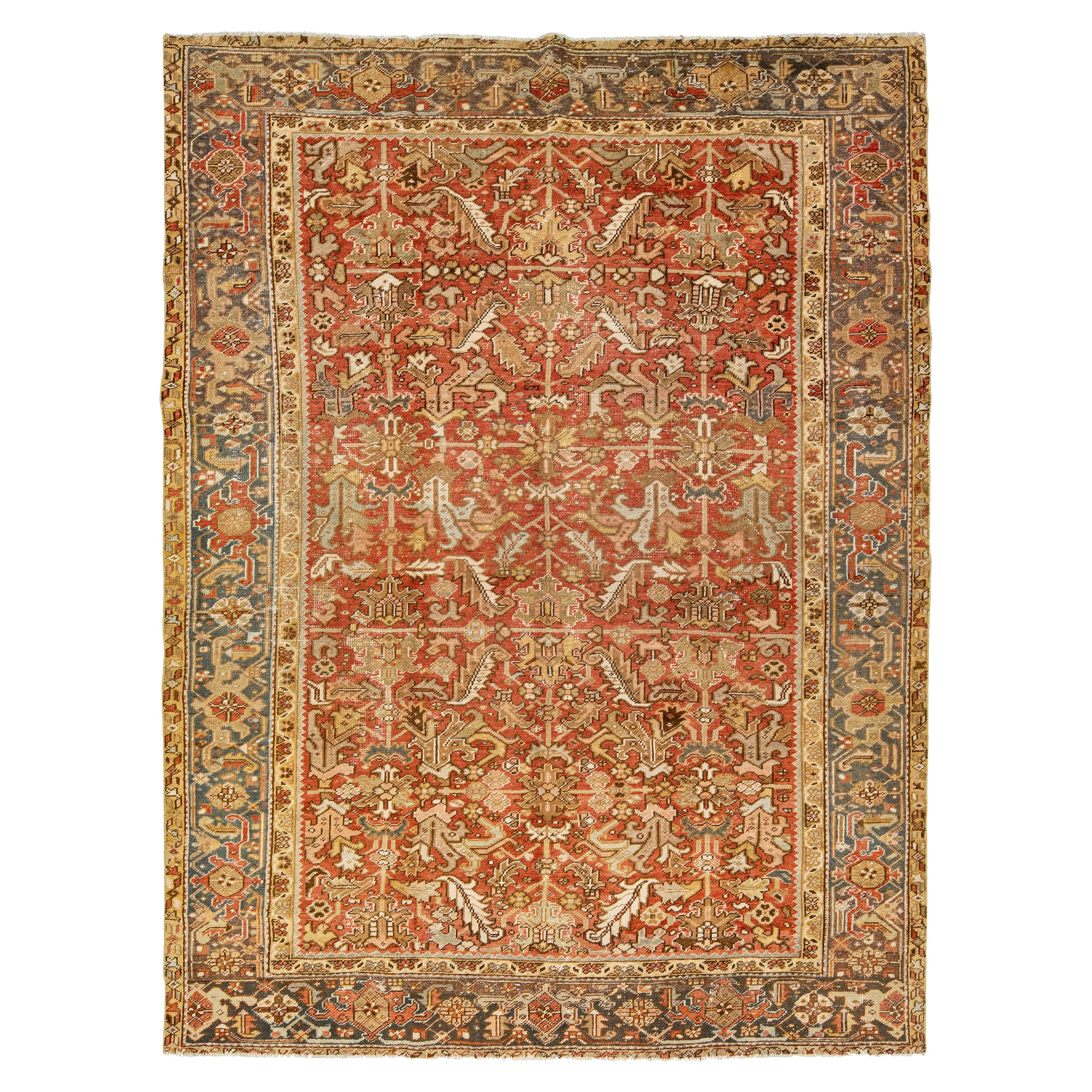 Allover Antique Persian Heriz Wool Rug In Rust Color From The 1920s For Sale