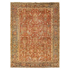 Allover Antique Persian Heriz Wool Rug In Rust Color From The 1920s