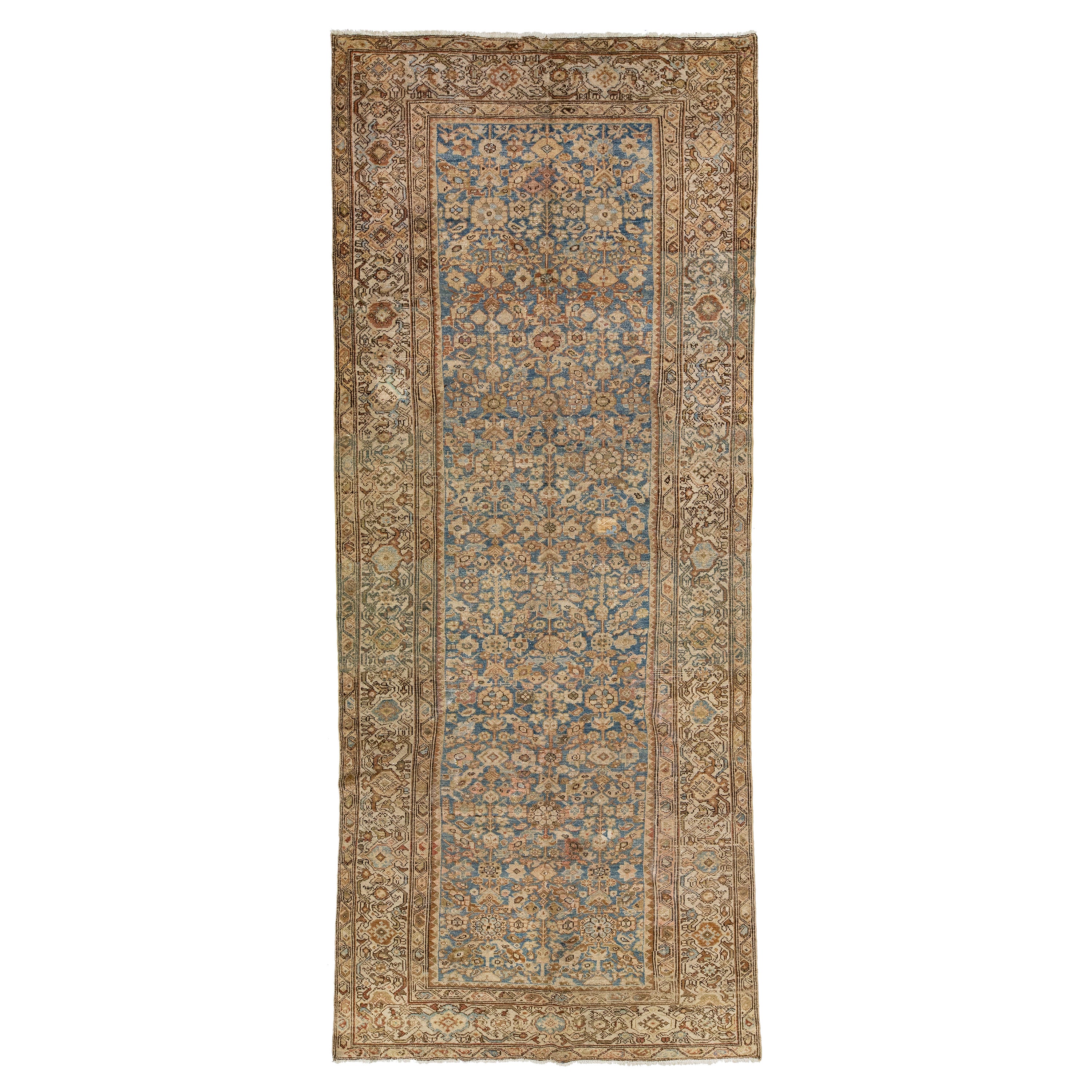 Blue Persian Malayer Wool Rug From the 1910s with Allover Floral Design For Sale