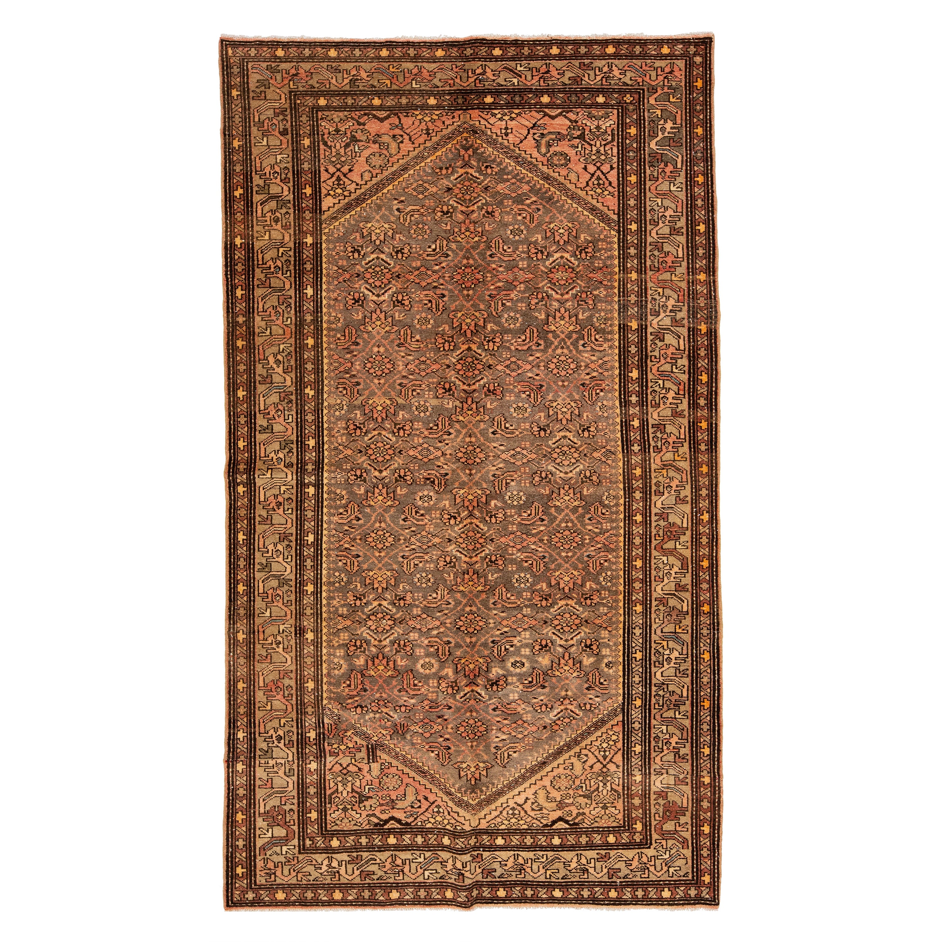 Antique Persian Malayer Gray Wool Rug From the 1920s with Floral Pattern