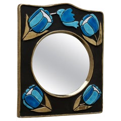 Francois Lembo Style Mirror, Ceramic Bird Flowers, Gold, Blue