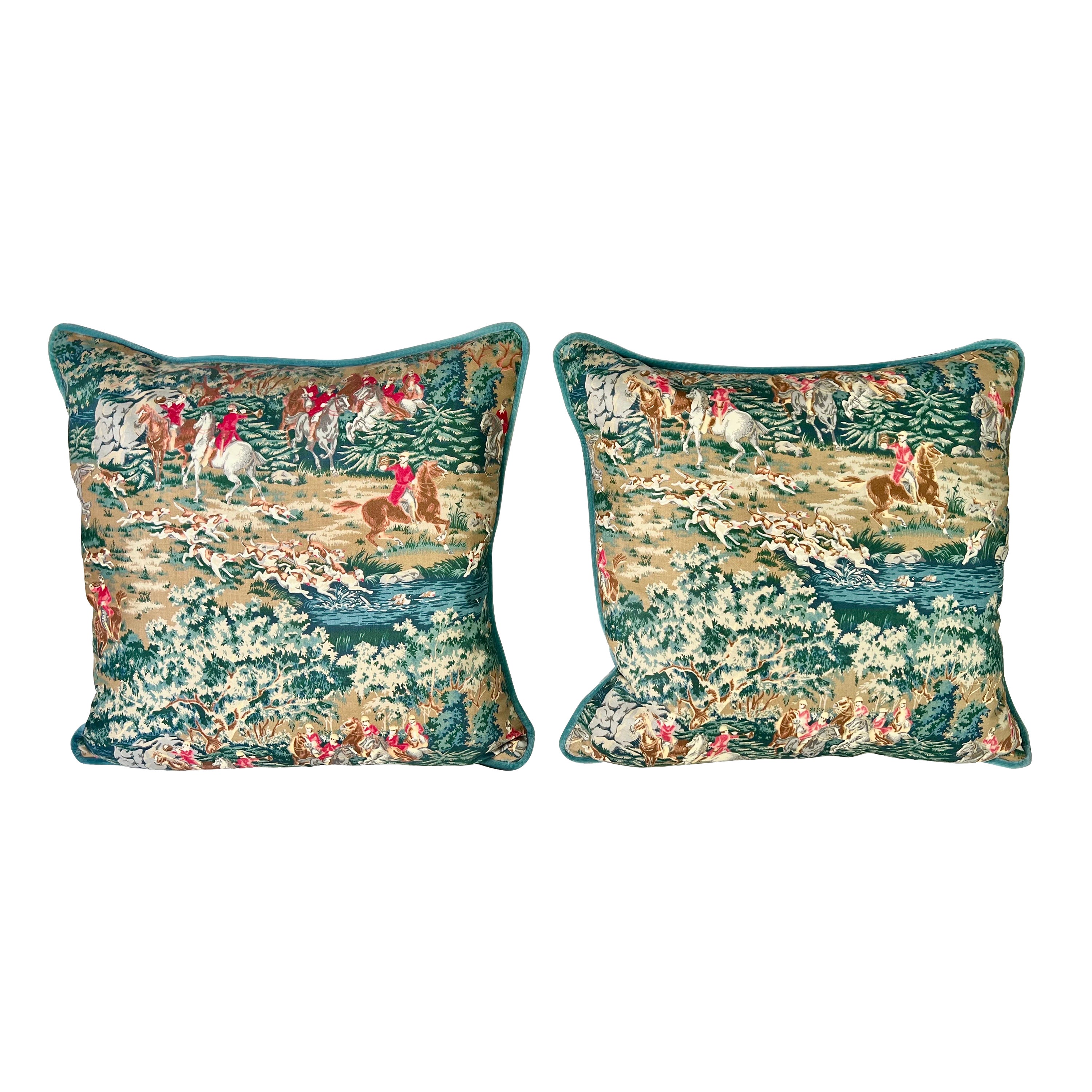 Pair of Vintage Textile Pillows w/ Hunt Scene For Sale