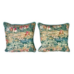 Pair of Antique Textile Pillows w/ Hunt Scene