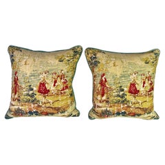 Pair of Printed Linen Pillows w/ Figural Scenery