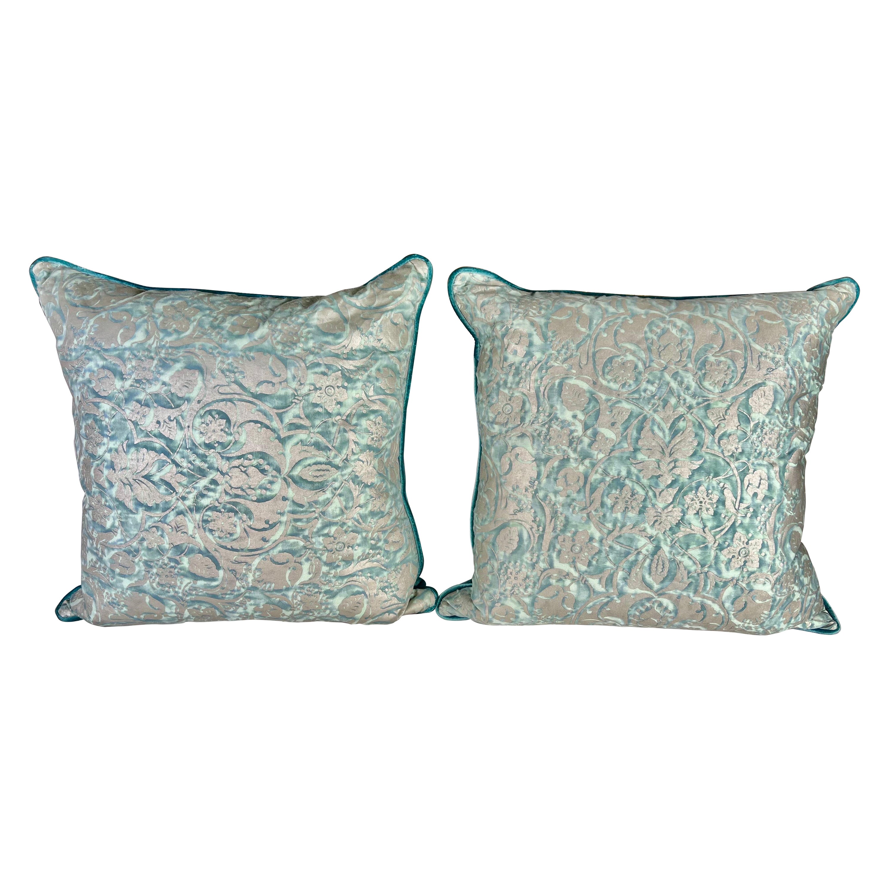 Pair of Custom Aqua & Gold Mariano Fortuny Pillows For Sale