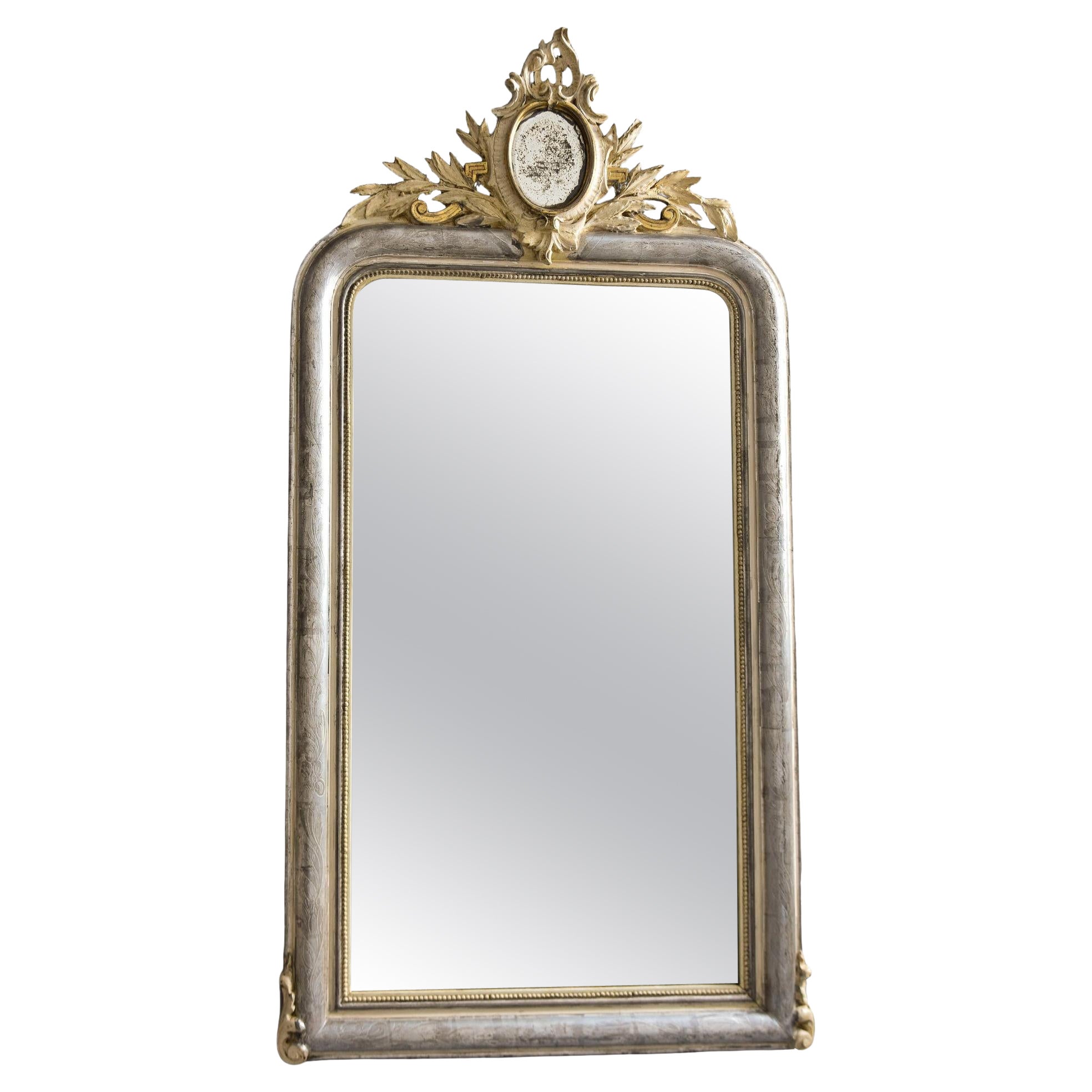 Large 19th C Silver Louis Philippe Mirror with Gilded Mirror Crest For Sale
