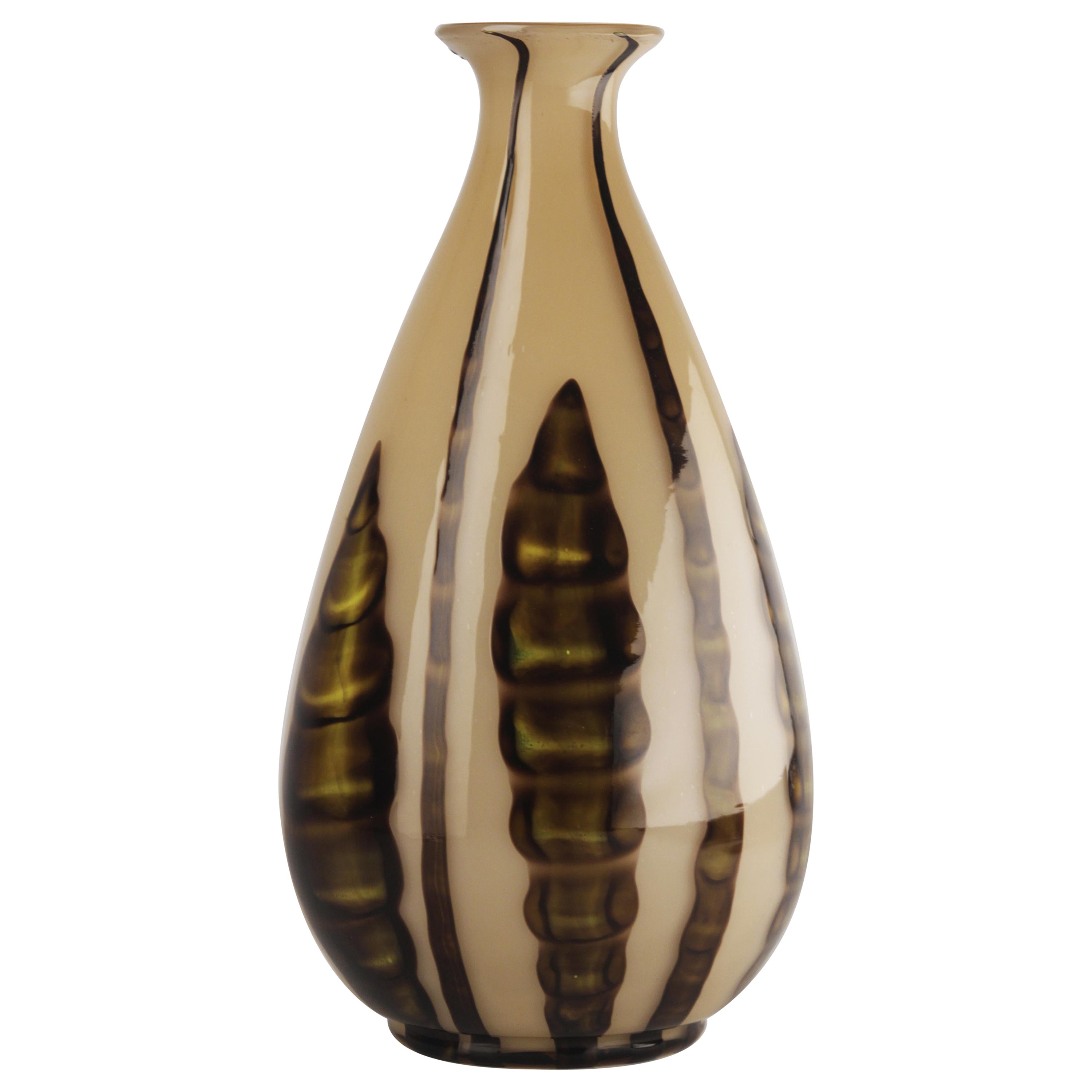 Early 20th C. Art Déco Czech Glazed Art Glass Bulbous Vase with Plant Motifs For Sale