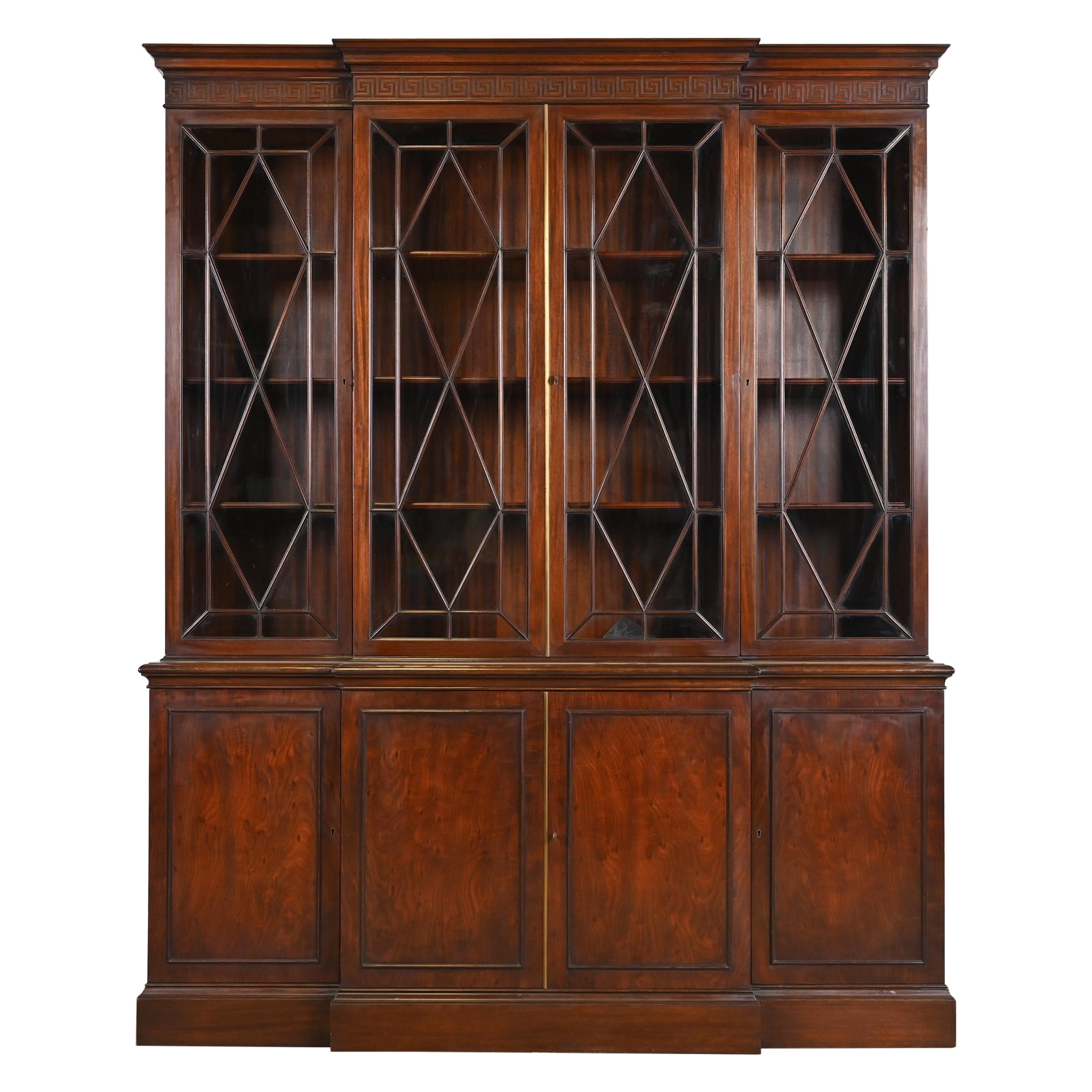 Schmieg & Kotzian Georgian Carved Mahogany Breakfront Bookcase Cabinet, 1940s For Sale