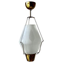 Swedish Brass Pendant Light with Etched Glass Shade and Openwork Details