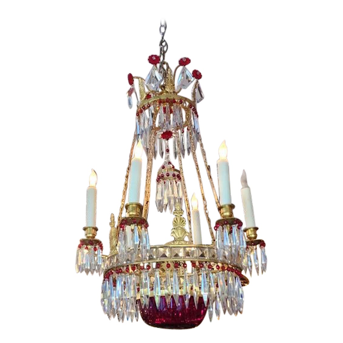 Clear & Red Crystal Chandelier For Sale