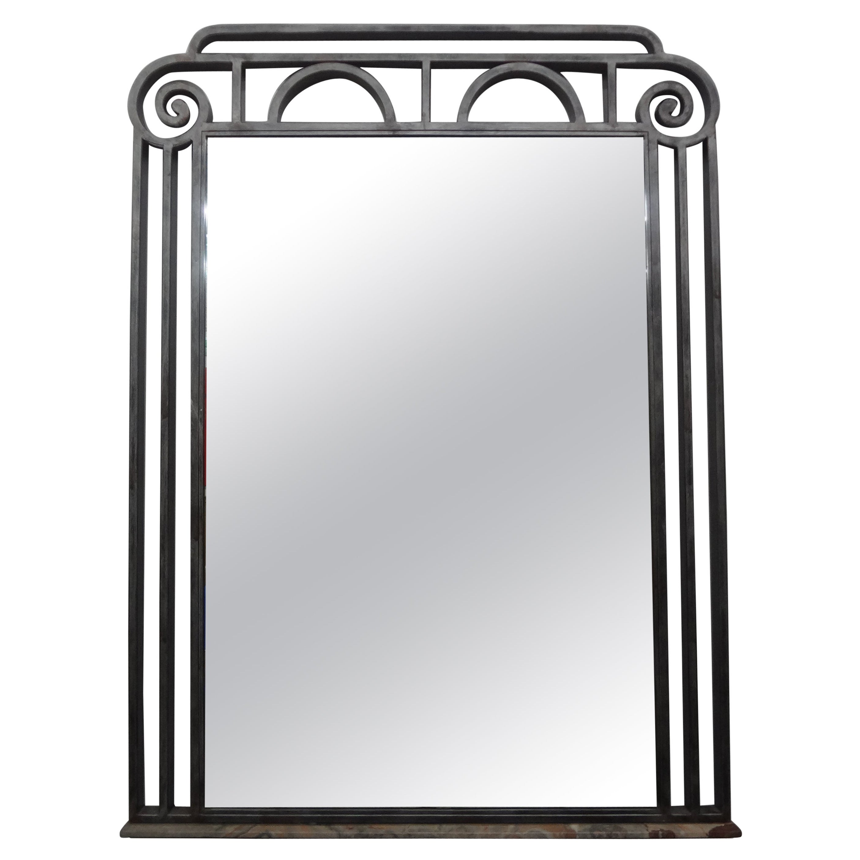 French Art Deco Steel Mirror With Marble Base For Sale