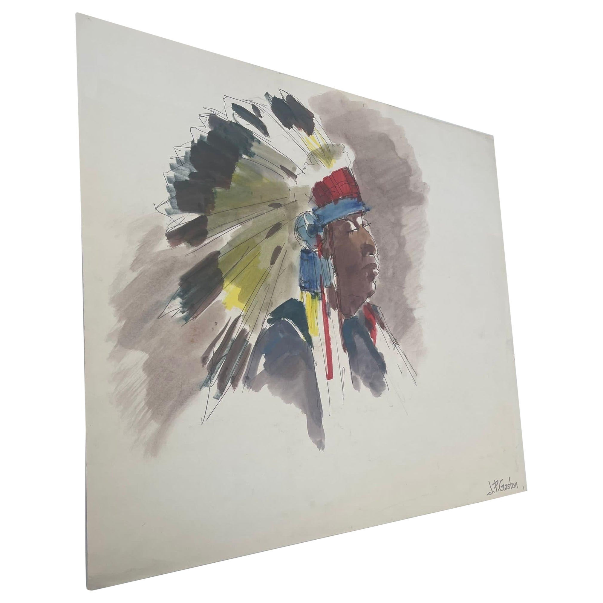 Vintage Native American Male Portrait on Paper. For Sale