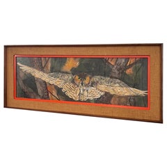 Vintage Framed Signed Original Painting of Owl in Flight