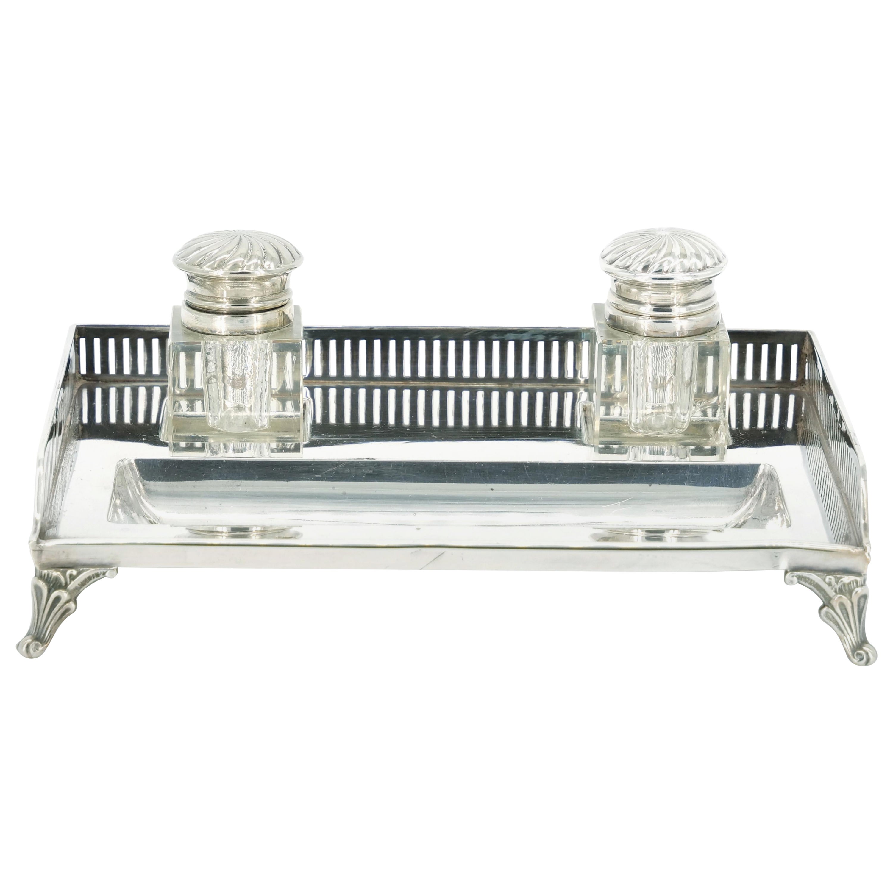 English Silver Plated Gallery Top Footed Holding Base / Cut Glass Inkwell  For Sale