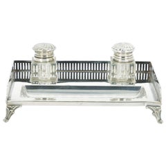 English Silver Plated Gallery Top Footed Holding Base / Cut Glass Inkwell 