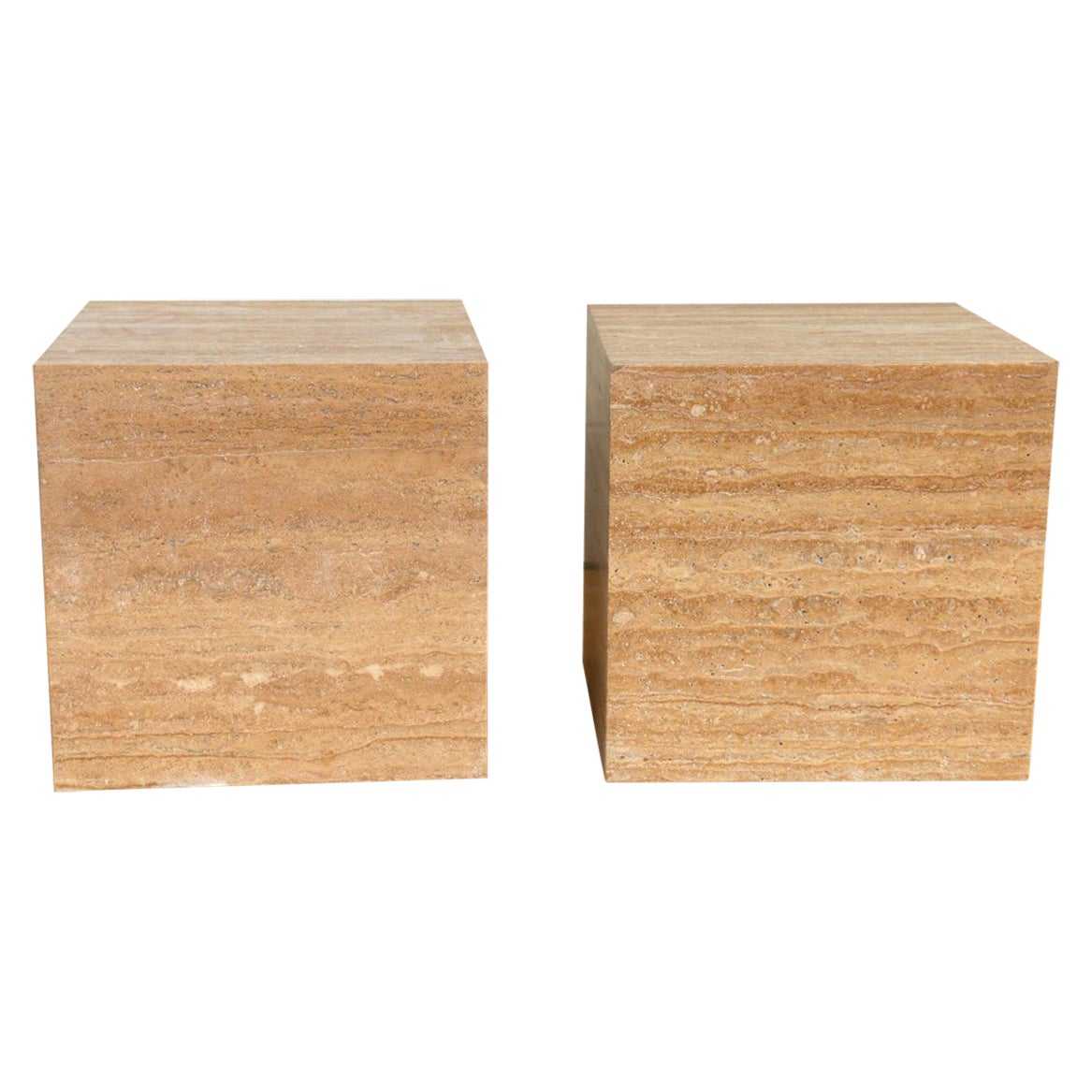 Pair of Italian Travertine Cube Pedestals/ Side Tables For Sale