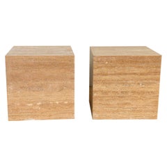 Pair of Italian Travertine Cube Pedestals/ Side Tables