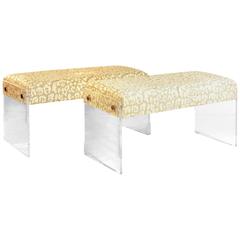 Pair of Mid-Century Modern Lucite Benches with Upholstered Seats