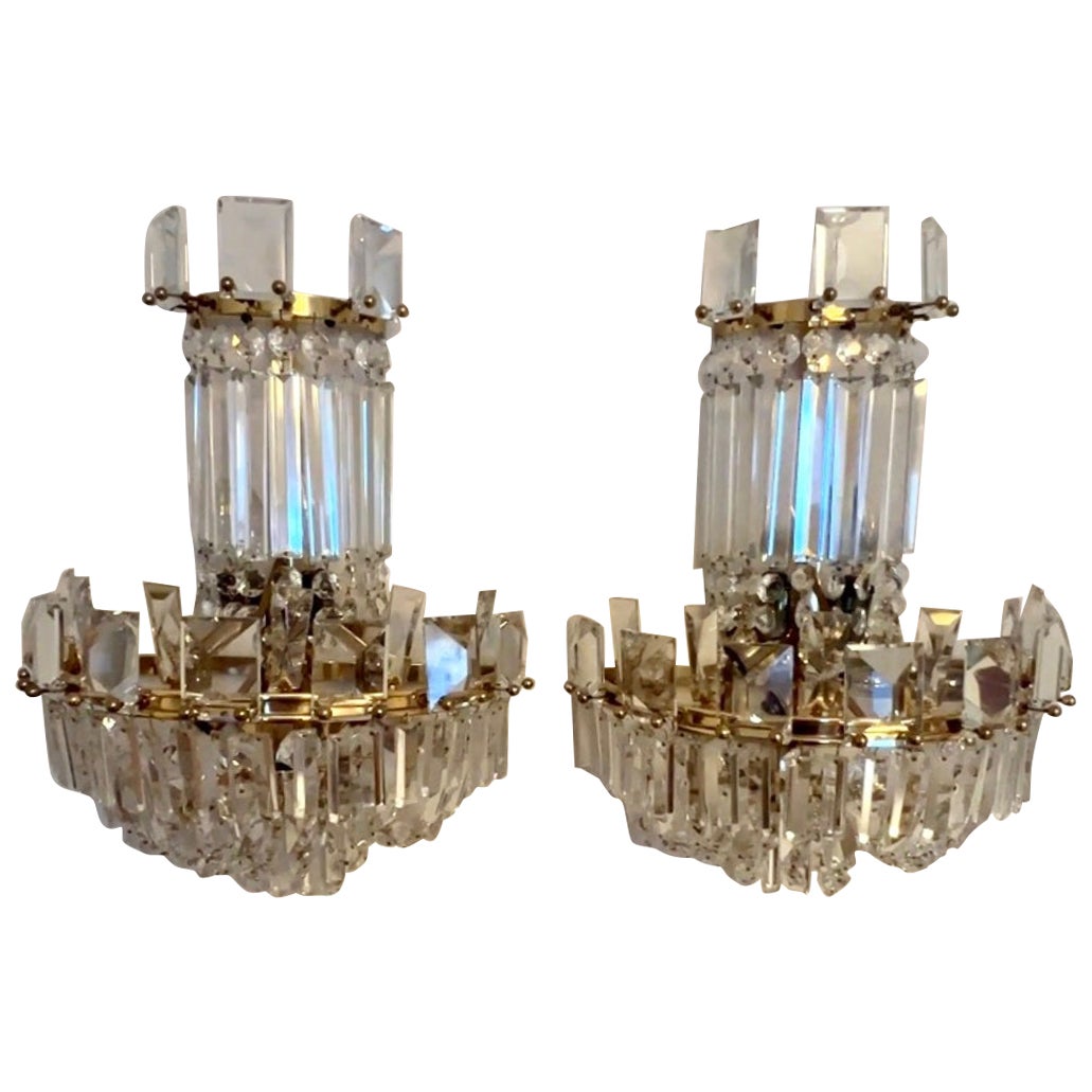 Pair of Crystal Mid Century Wall Sconces For Sale
