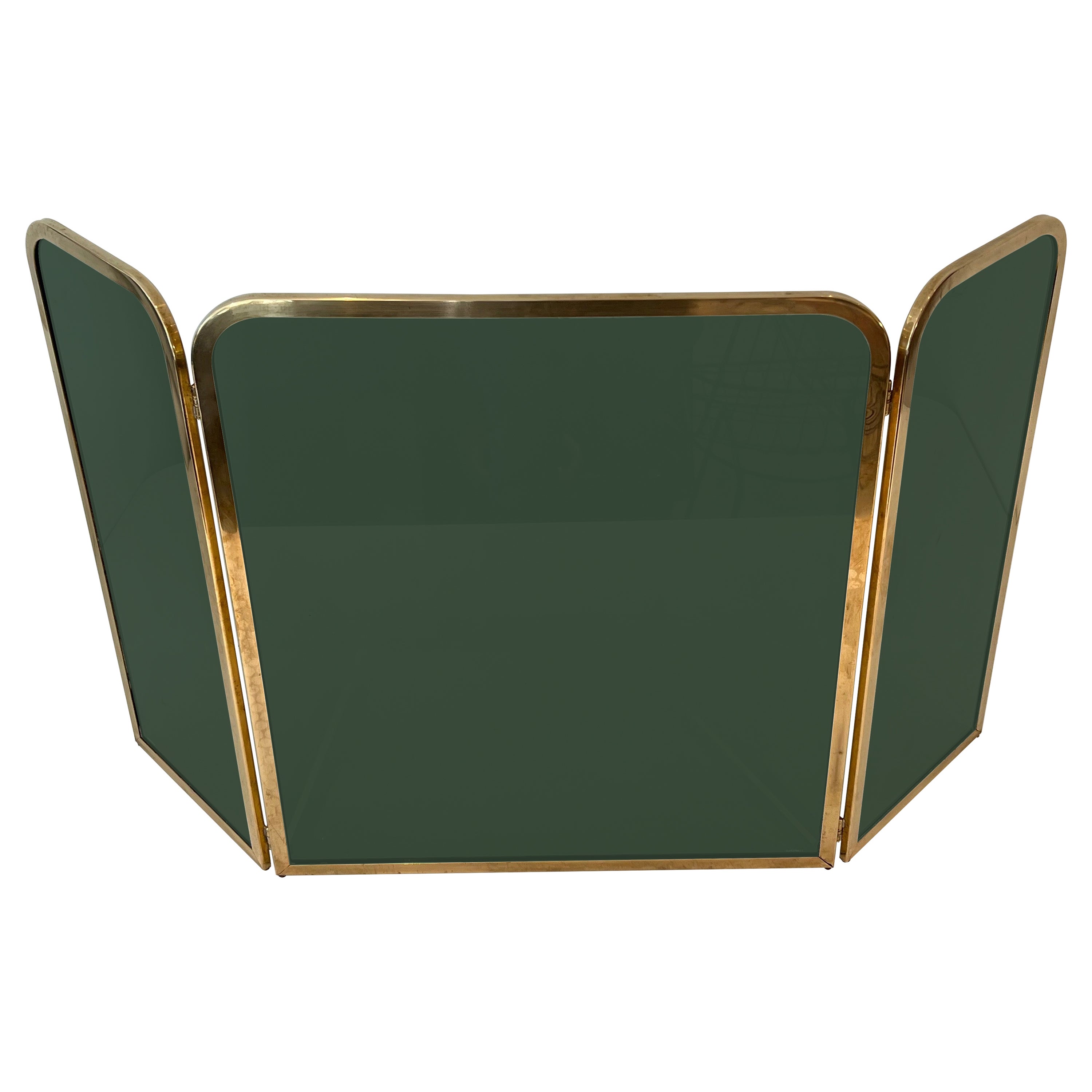 Fireplace Screen Made of 3 Greenish Glass Panels Surrounded by a Brass Frame For Sale