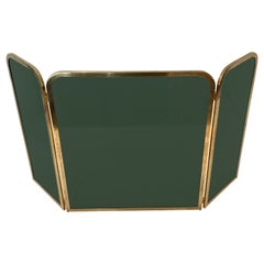 Retro Fireplace Screen Made of 3 Greenish Glass Panels Surrounded by a Brass Frame
