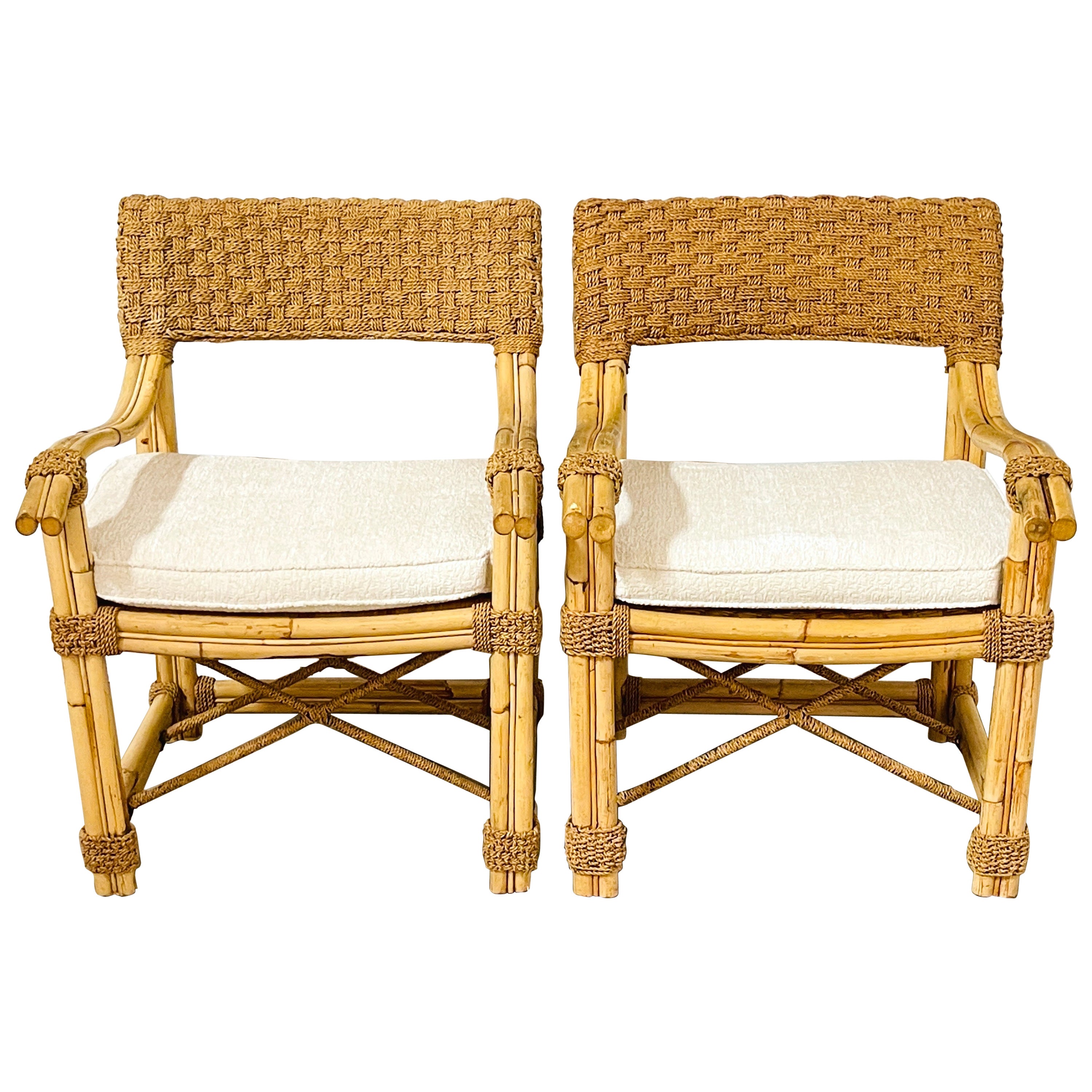 Pair of French Bamboo & Woven Seagrass Armchairs with Bouclé Seat Cushions  For Sale