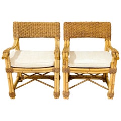 Vintage Pair of French Bamboo & Woven Seagrass Armchairs with Bouclé Seat Cushions 