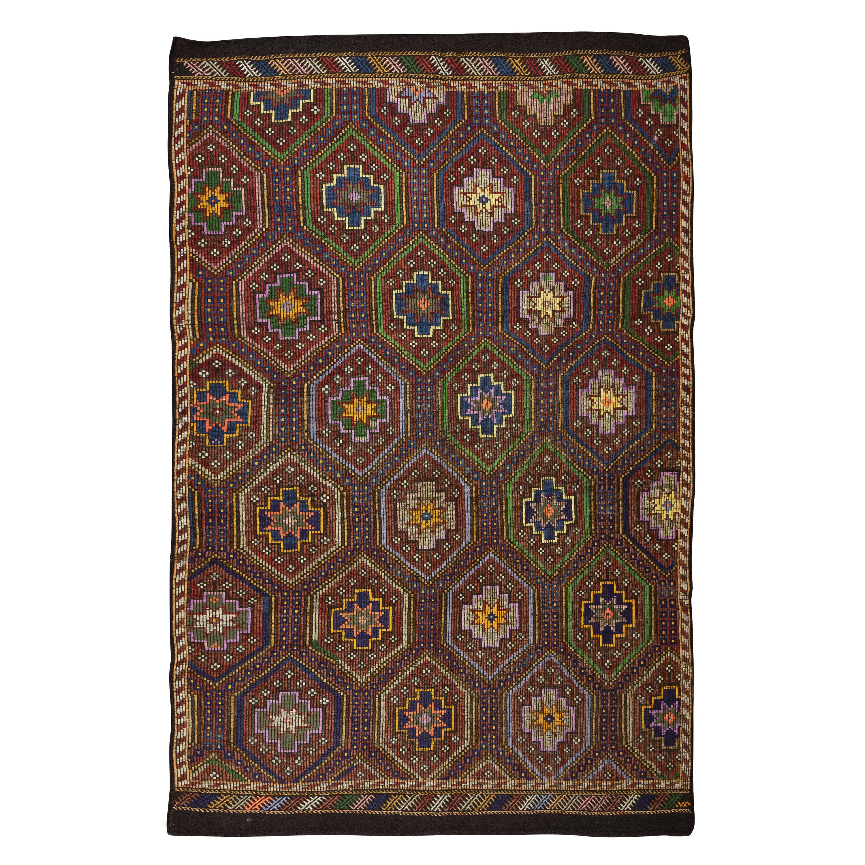 6.4x9.8 Ft Vintage Turkish Jijim Kilim, Handwoven Star Pattern Rug, 100% Wool en vente