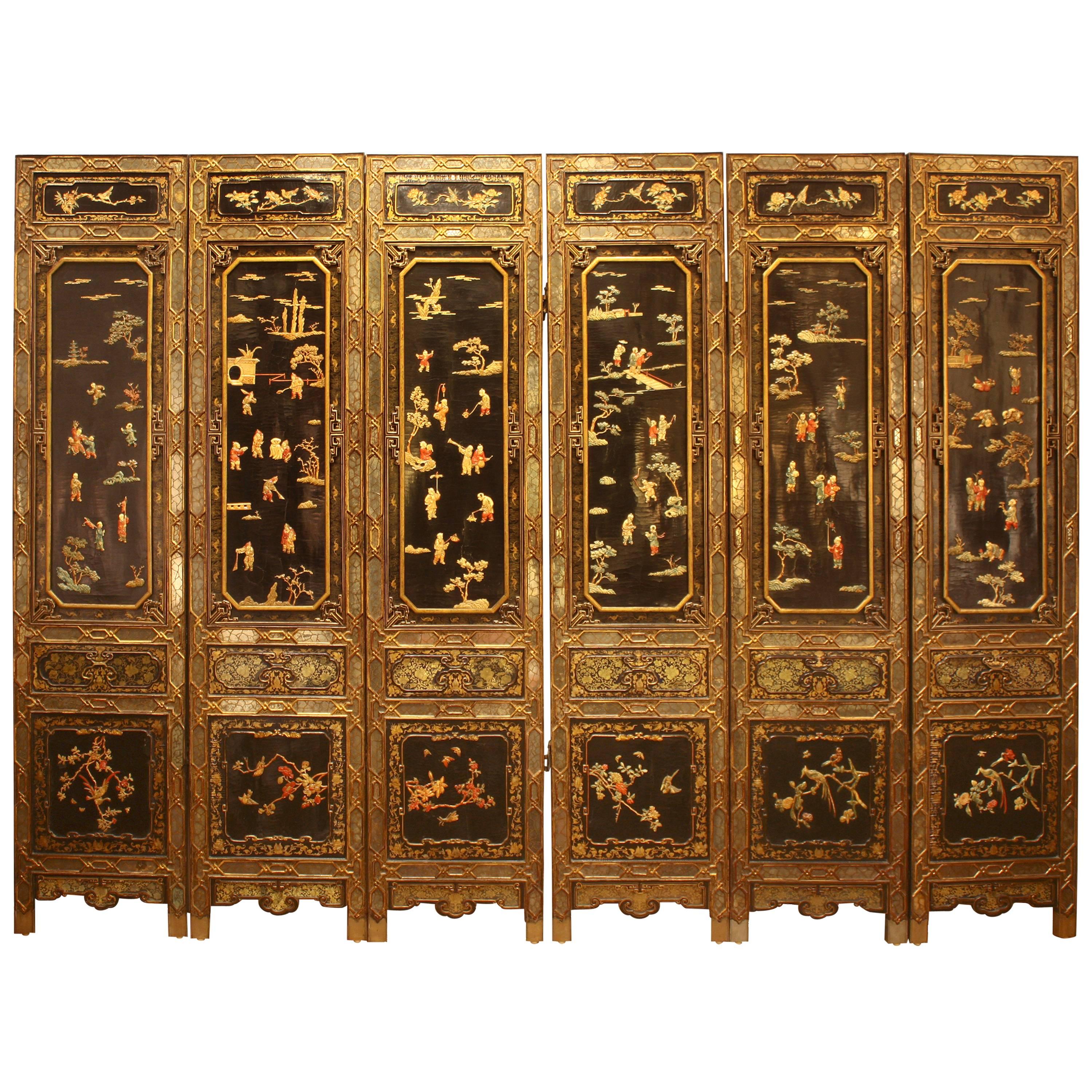 19th Century Chinese Hardwood, Black Lacquer, Eglomise Stone Six Panel Screen