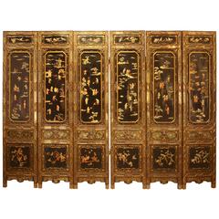 Antique 19th Century Chinese Hardwood, Black Lacquer, Eglomise Stone Six Panel Screen