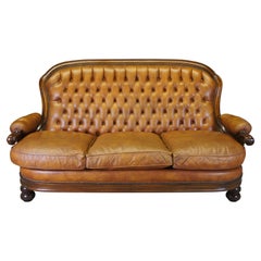 Retro Italian Fruitwood Tufted Leather Nailhead 3 Seat Library Sofa Couch 77"