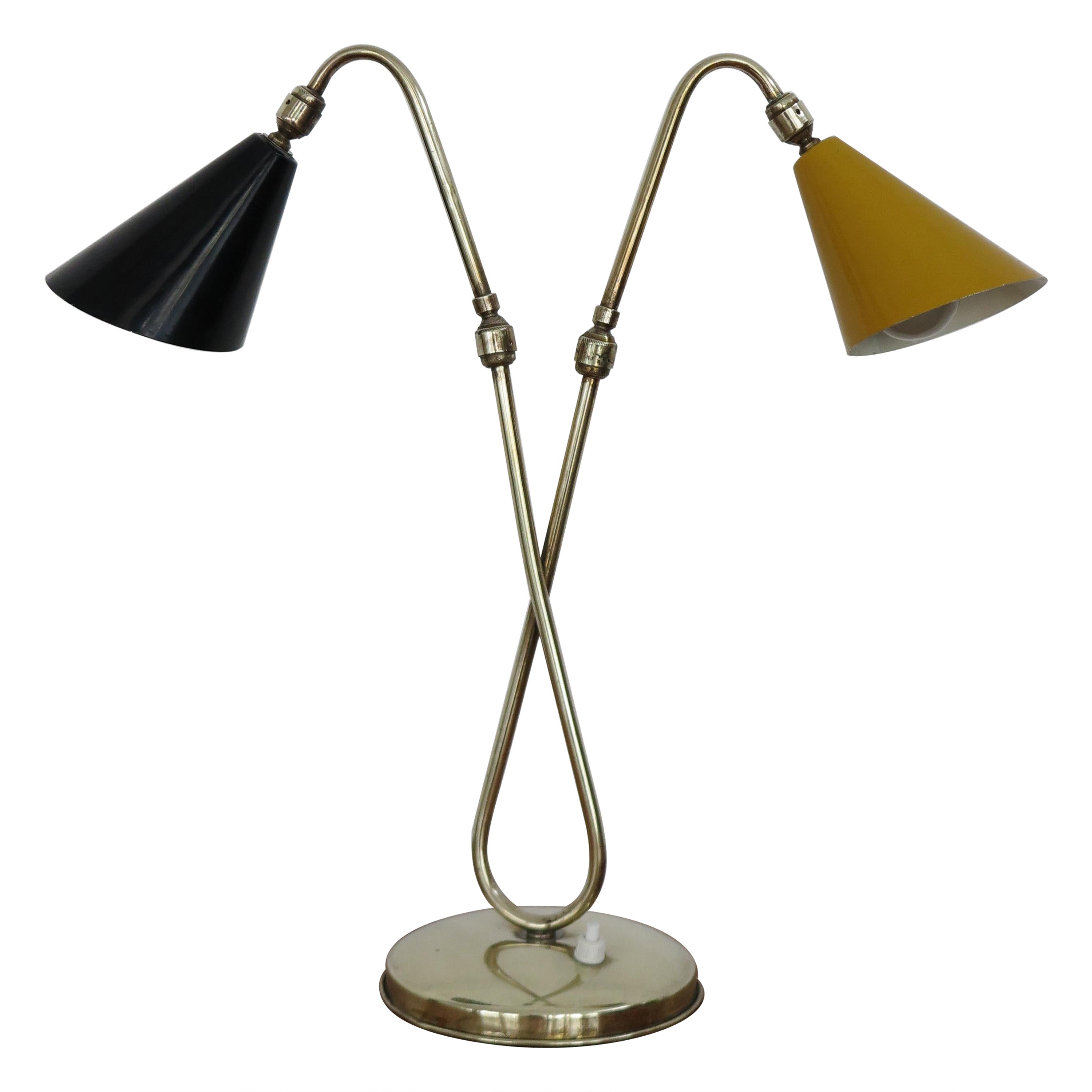 Italian Midcentury Brass Metal Black Yellow Table Lamp 1950s For Sale