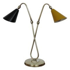 Vintage Italian Midcentury Brass Metal Black Yellow Table Lamp 1950s