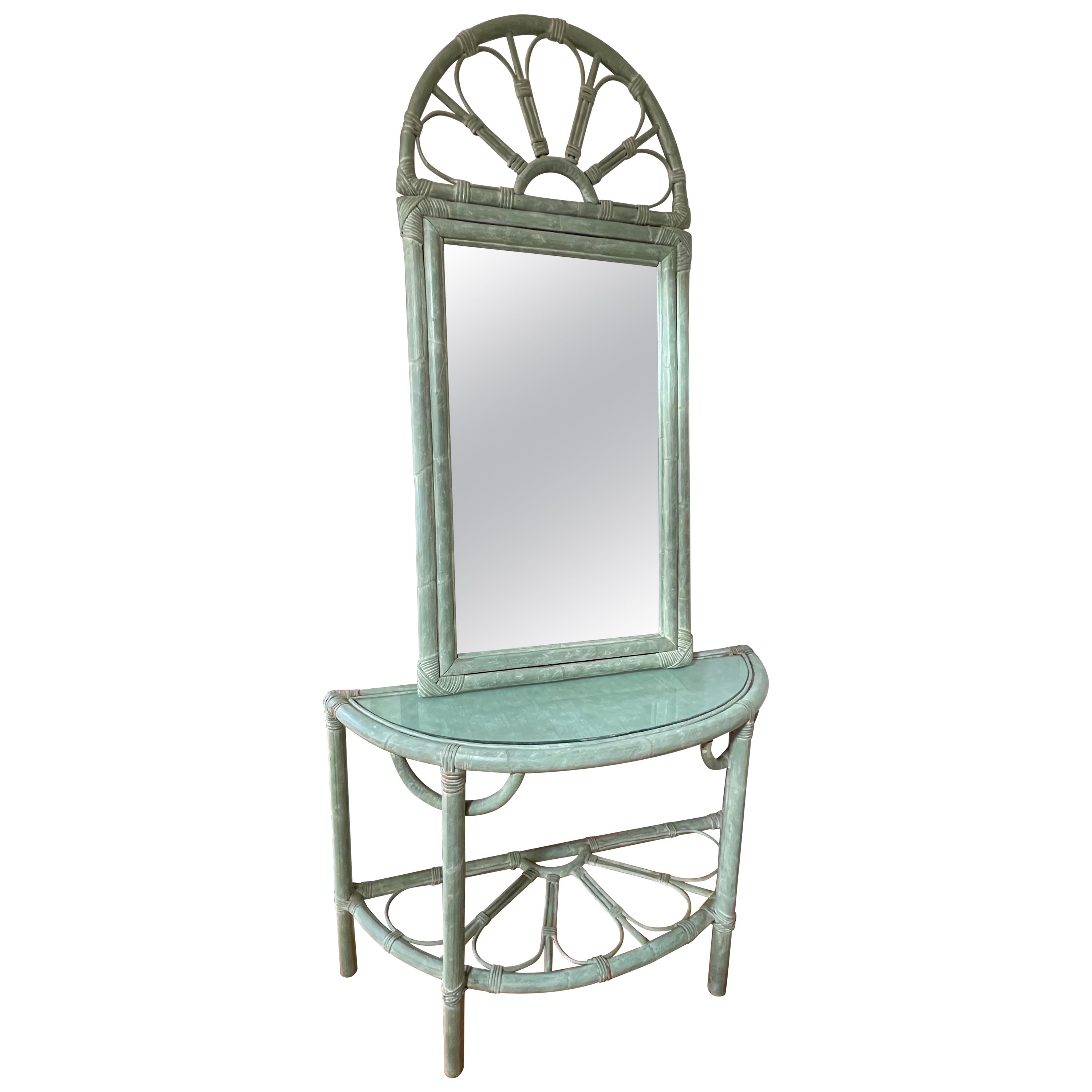1980 Green Rattan Mirror Console Table and Mirror For Sale