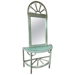 Vintage 1980 Green Rattan Mirror Console Table and Mirror