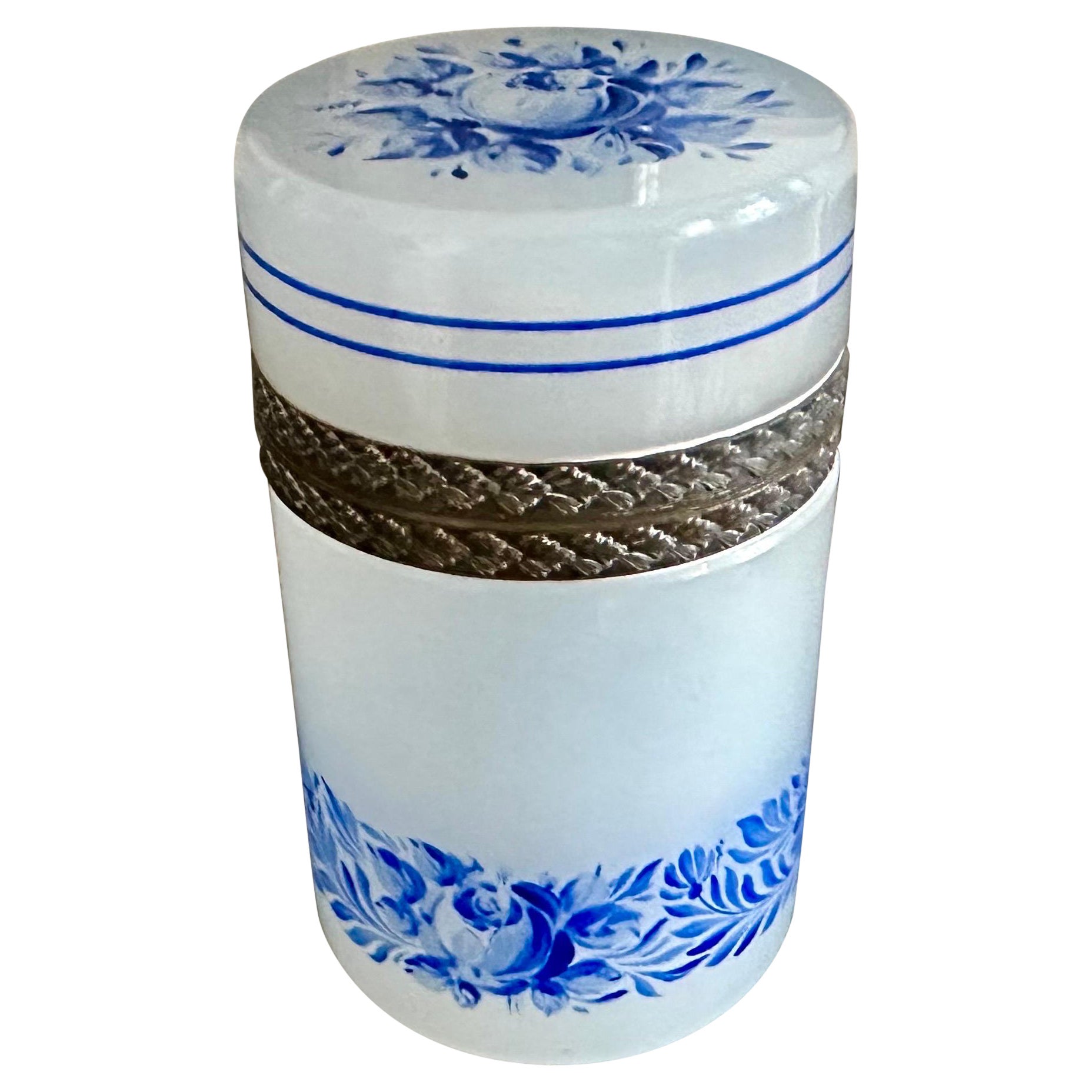 Antique White Opaline Glass Box with Blue Floral Enamel Decoration, 1890 For Sale