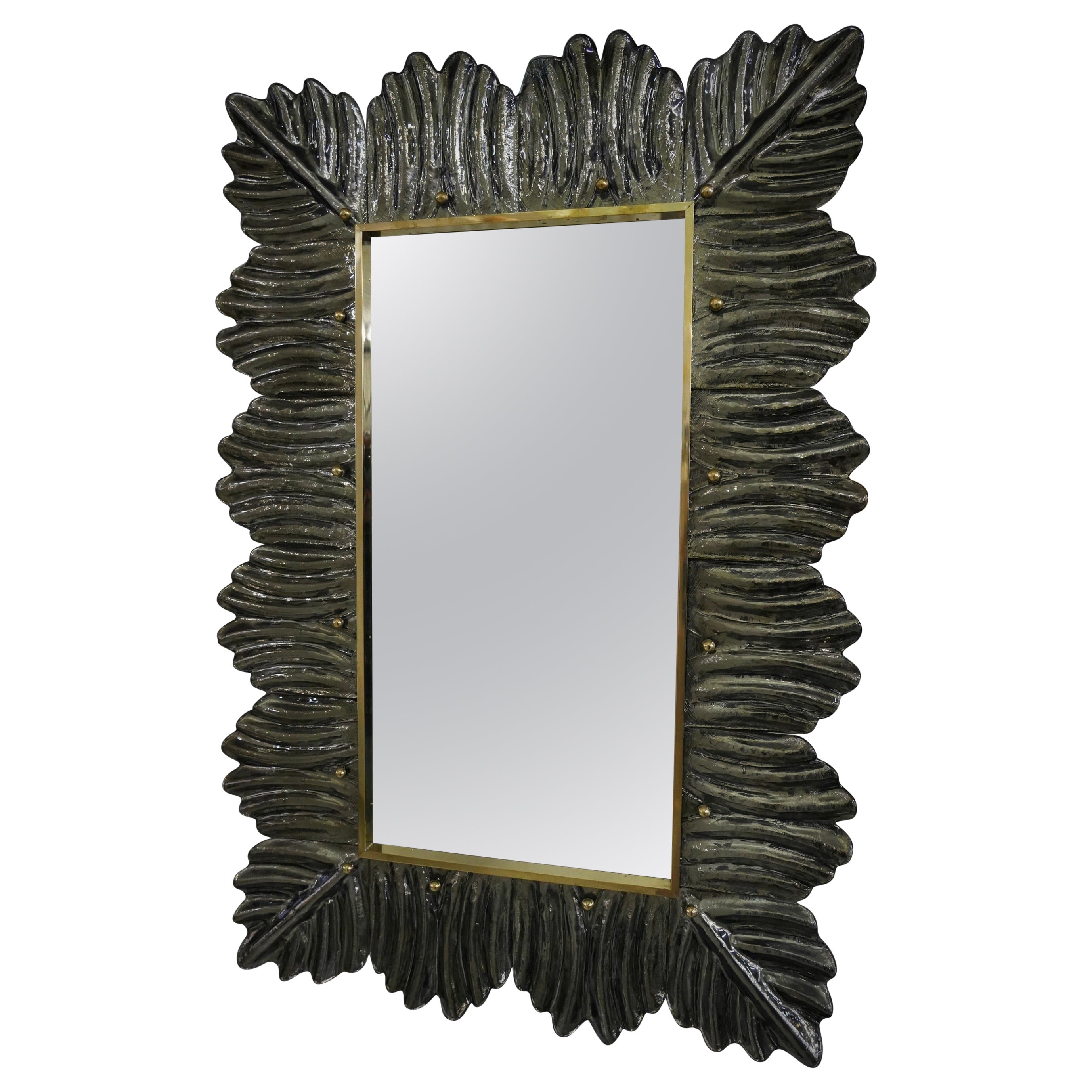 Murano Amber/Fume' Color Glass and Brass Mid-Century Wall Mirror, 2000