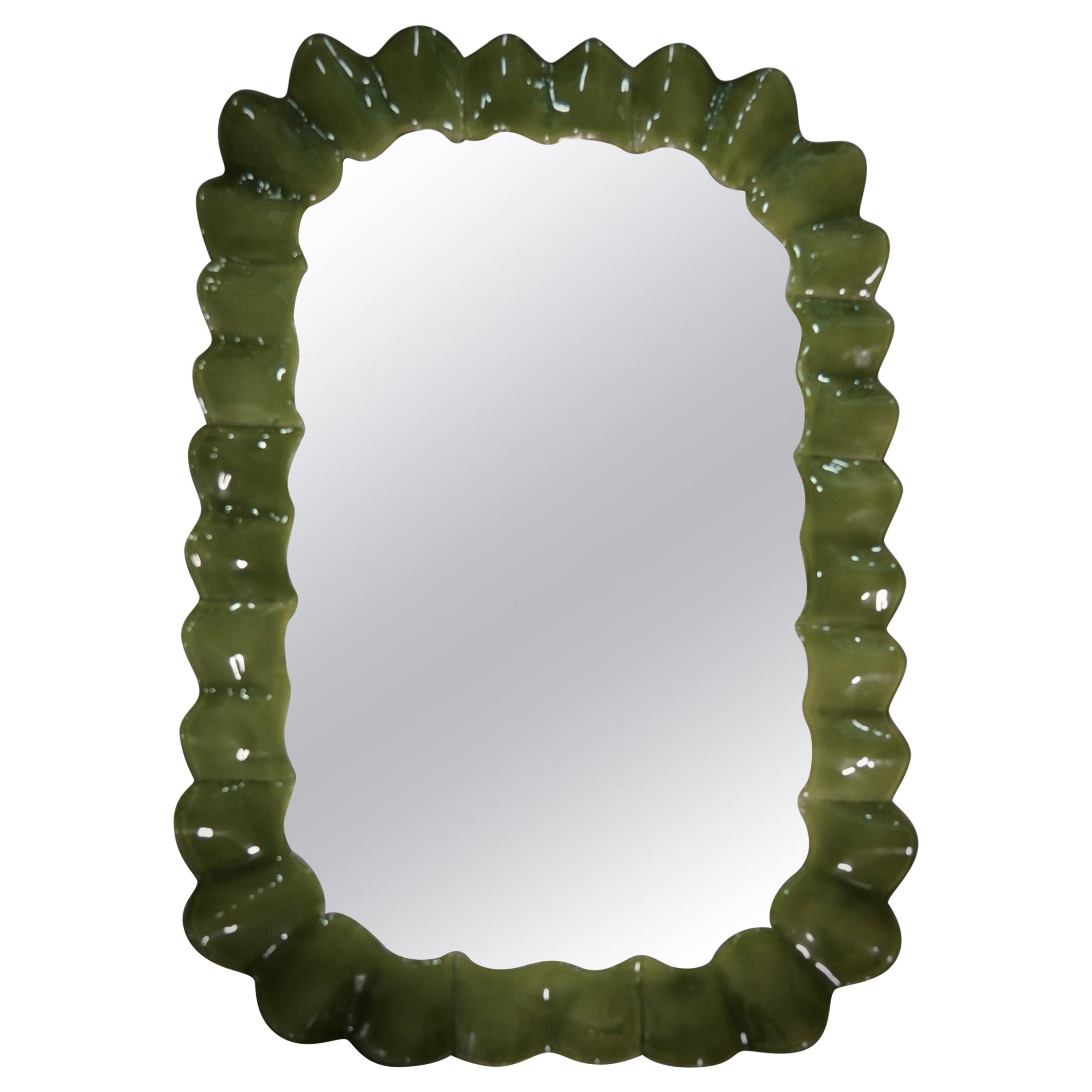 Murano Green Art Glass and Brass Italian Console / Wall Mirror, 2000 For Sale