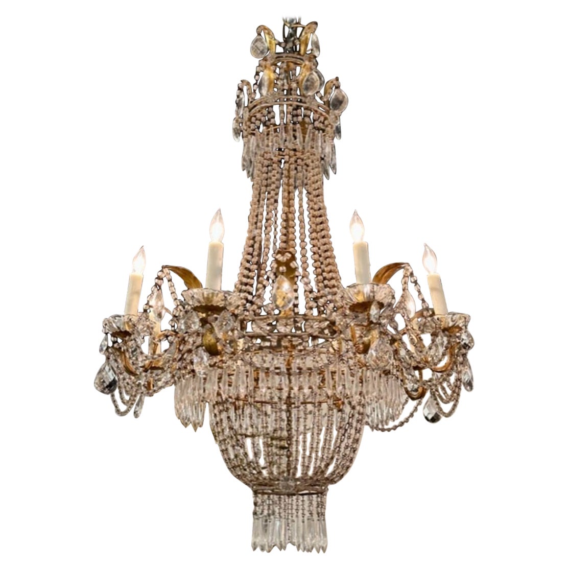 Lustre Empire italien du 19e siècle en cristal perlé et tôle dorée