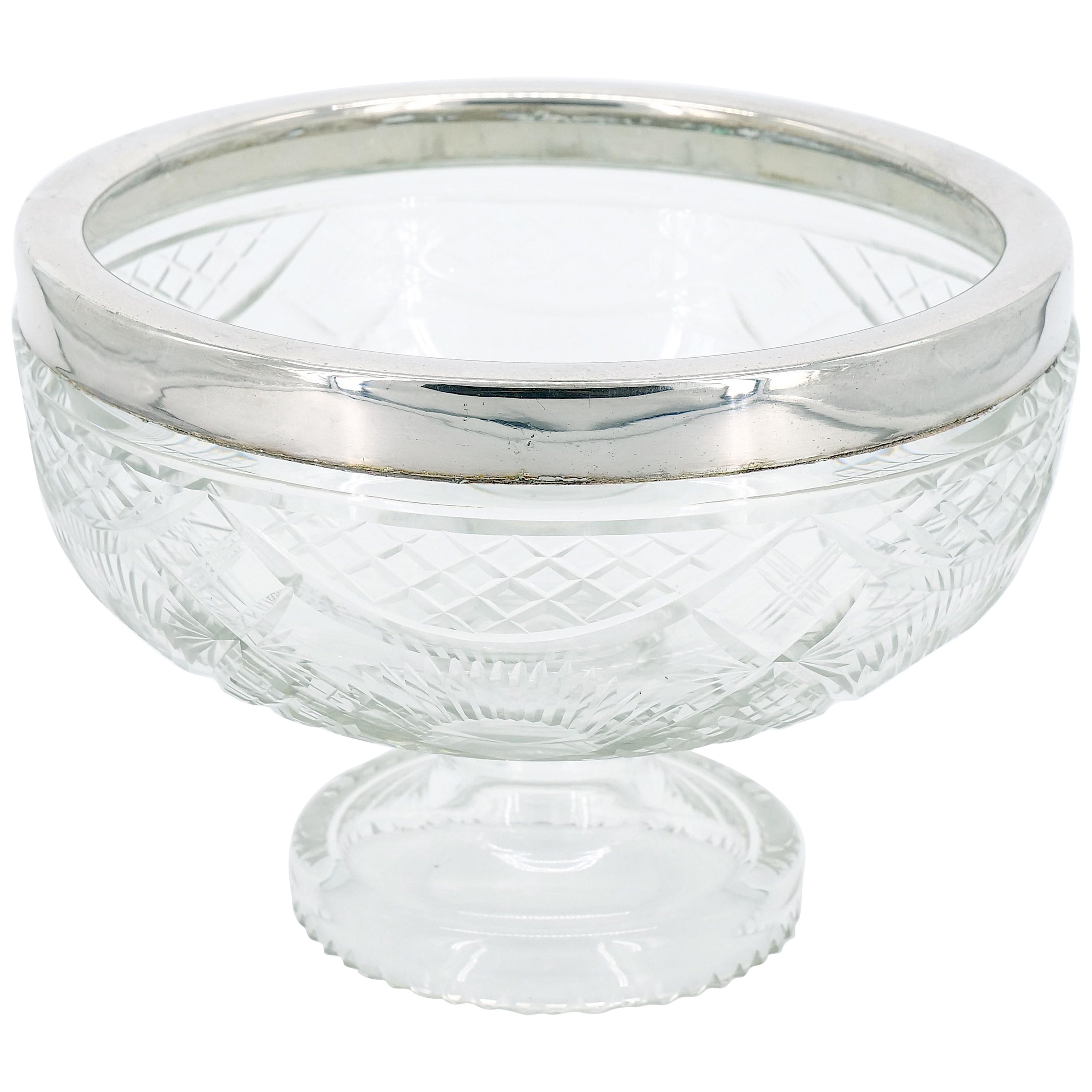 English Silver Plate Framed Top / Cut Glass Footed Serving Bowl For Sale