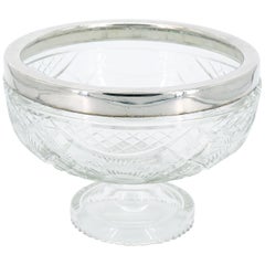 Retro English Silver Plate Framed Top / Cut Glass Footed Serving Bowl