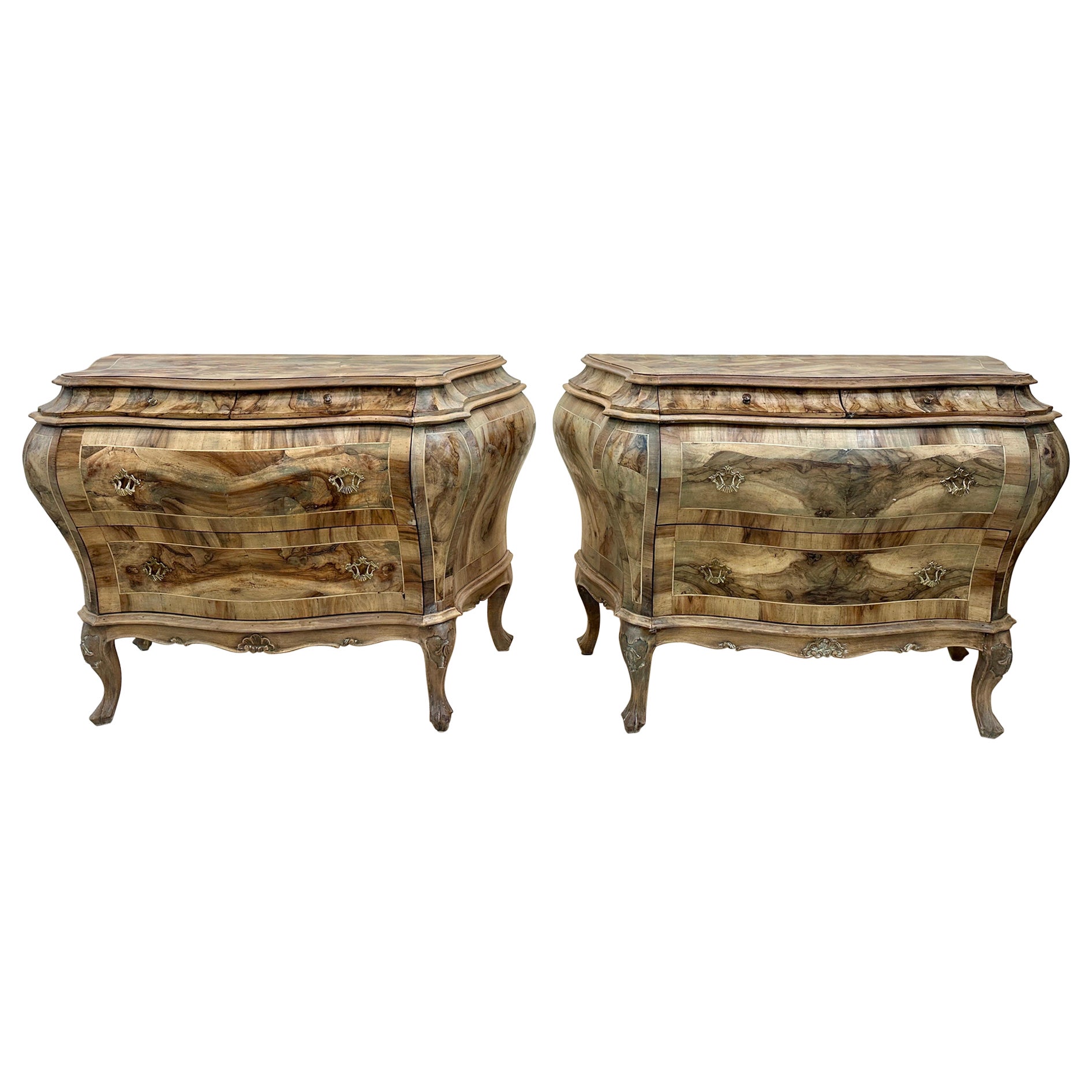 Pair of Early 20th C. Olive Wood Patched Veneer Bombay Commodes For Sale