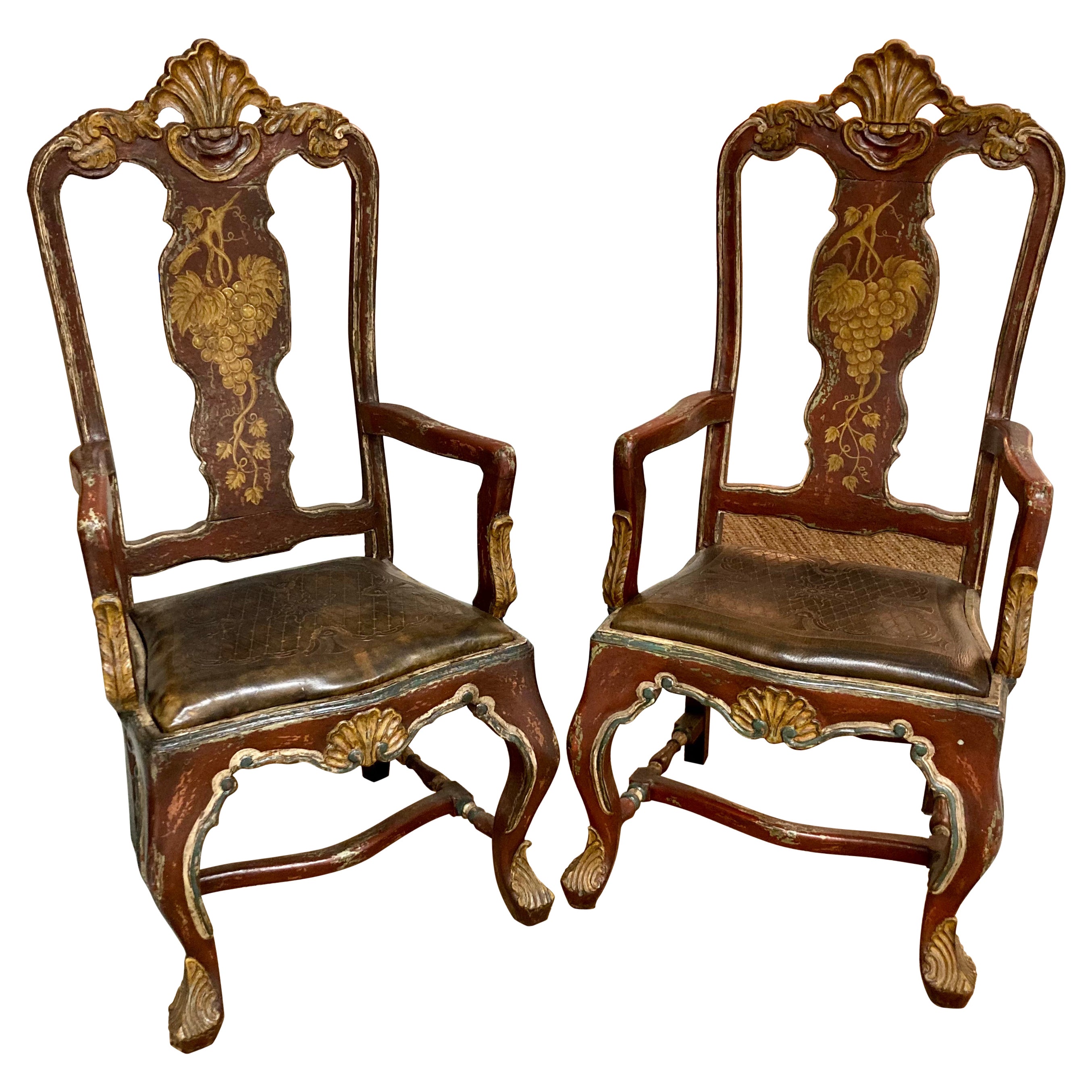 Venetian Arm Chairs With Original Painted Finish and Leather Seats, a Pair