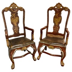 Antique Venetian Arm Chairs With Original Painted Finish and Leather Seats, a Pair