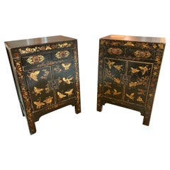 Retro Asian Black Lacquered Side Cabinets With Hand Painted Butterflies, a Pair