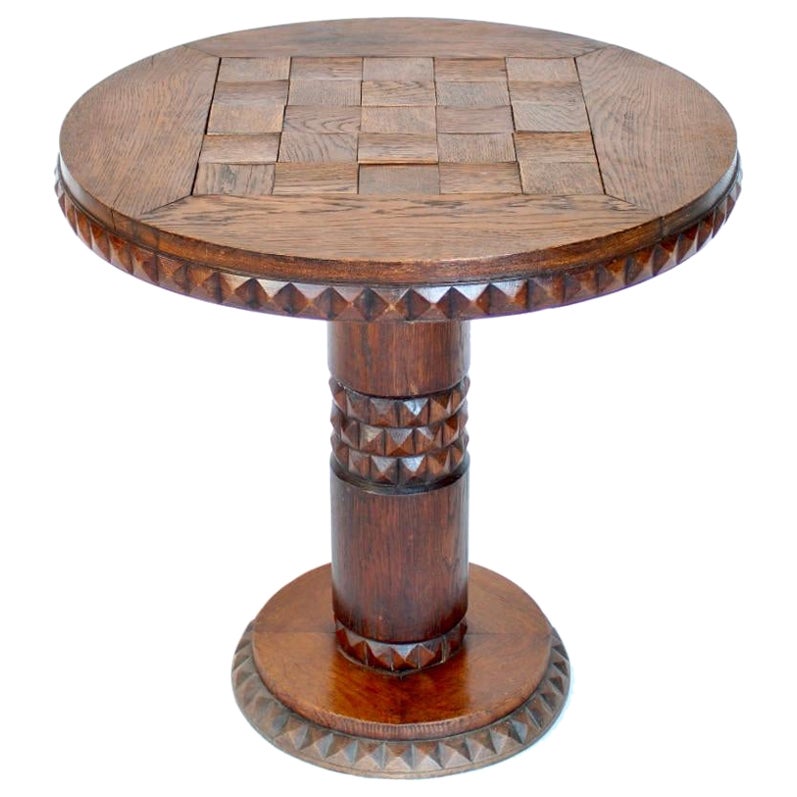 French Oak Side Carved Table Art Deco Africanist Influence Attributed to Dudouyt For Sale